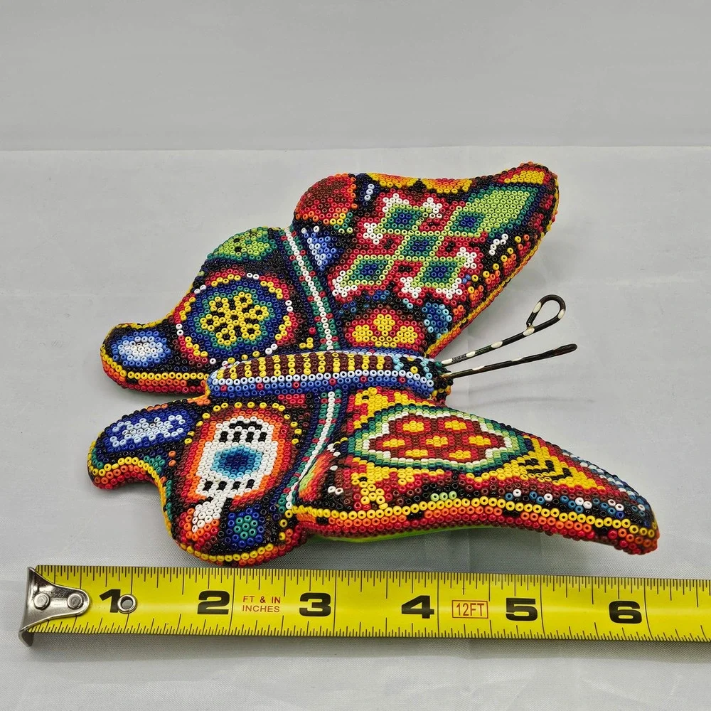 Huichol Beaded Butterfly Mexican Folk Art Multicolor Wall Decor Sculpture 6.5in